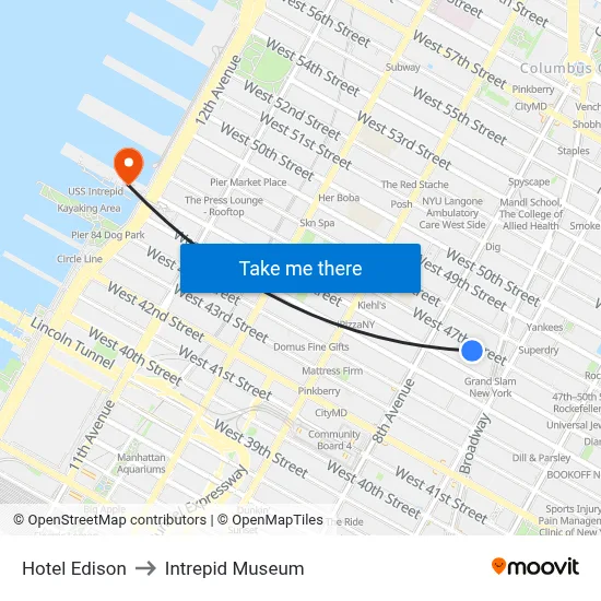 Hotel Edison to Intrepid Museum map