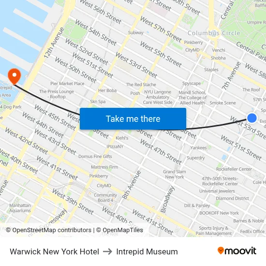 Warwick New York Hotel to Intrepid Museum map