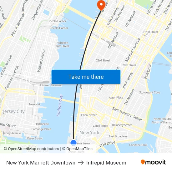 New York Marriott Downtown to Intrepid Museum map