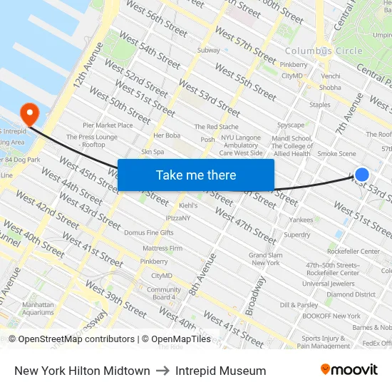 New York Hilton Midtown to Intrepid Museum map