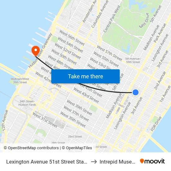 Lexington Avenue 51st Street Station to Intrepid Museum map