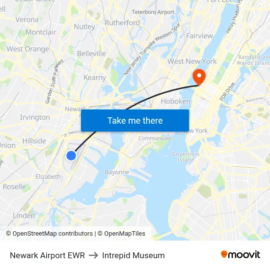 Newark Airport EWR to Intrepid Museum map