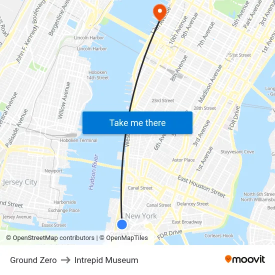 Ground Zero to Intrepid Museum map