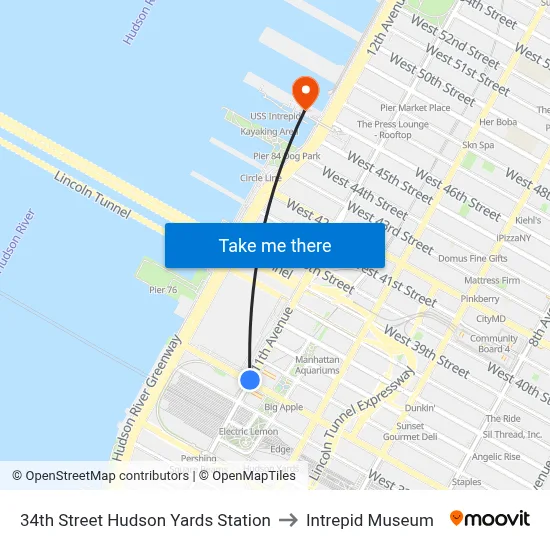 34th Street Hudson Yards Station to Intrepid Museum map
