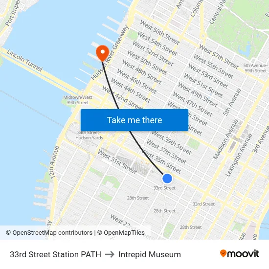 33rd Street Station PATH to Intrepid Museum map