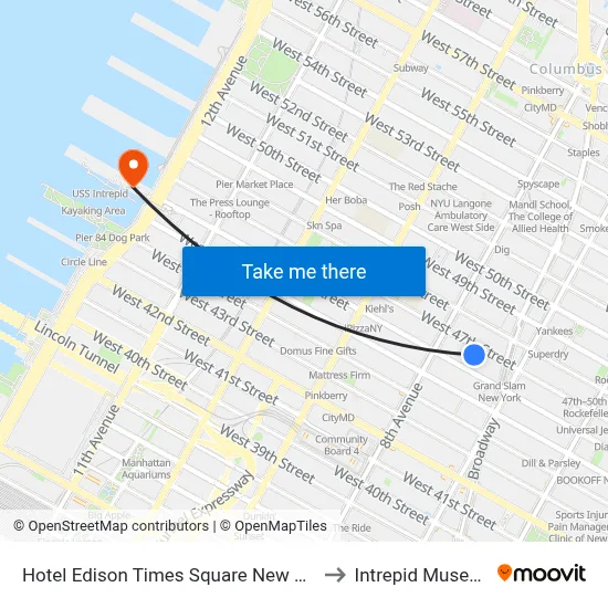 Hotel Edison Times Square New York to Intrepid Museum map