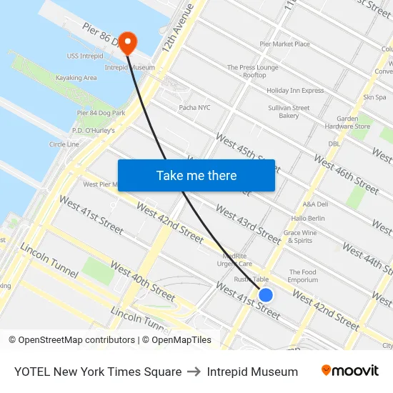 YOTEL New York Times Square to Intrepid Museum map