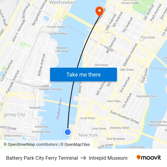 Battery Park City Ferry Terminal to Intrepid Museum map
