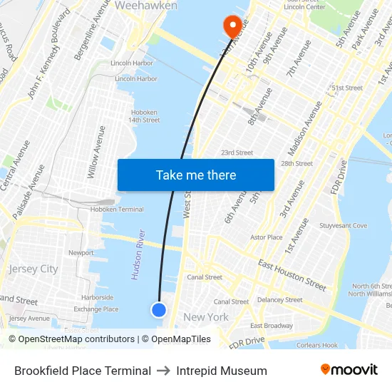 Brookfield Place Terminal to Intrepid Museum map