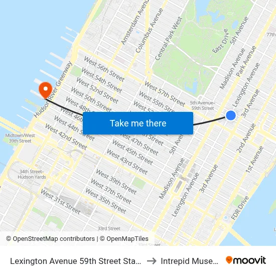 Lexington Avenue 59th Street Station to Intrepid Museum map