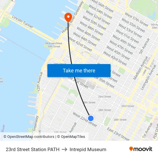 23rd Street Station PATH to Intrepid Museum map