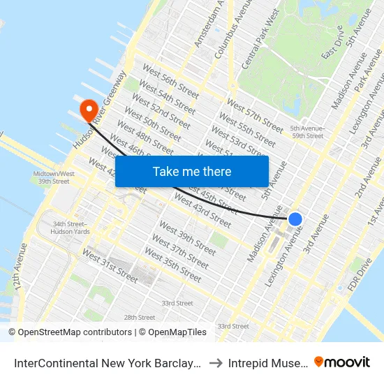 InterContinental New York Barclay Hotel to Intrepid Museum map