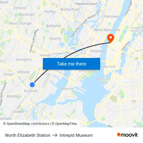 North Elizabeth Station to Intrepid Museum map
