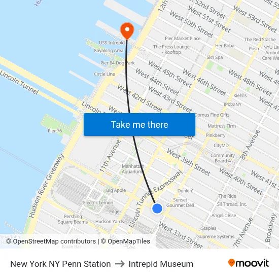 New York NY Penn Station to Intrepid Museum map