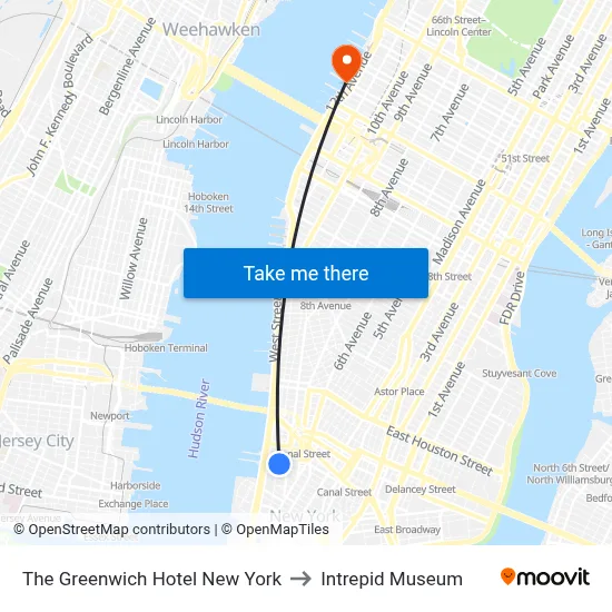 The Greenwich Hotel New York to Intrepid Museum map