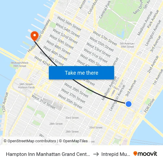 Hampton Inn Manhattan Grand Central New York to Intrepid Museum map