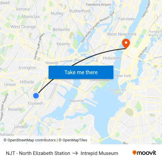 NJT - North Elizabeth Station to Intrepid Museum map