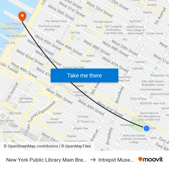 New York Public Library Main Branch to Intrepid Museum map