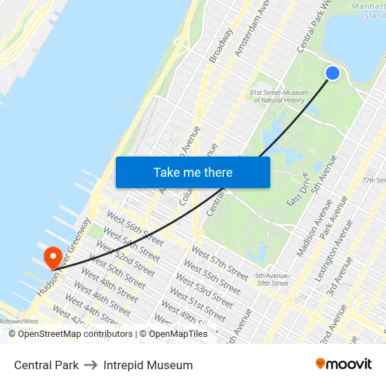 Central Park to Intrepid Museum map