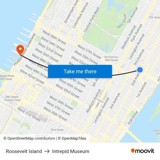 Roosevelt Island to Intrepid Museum map