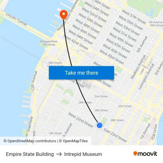 Empire State Building to Intrepid Museum map