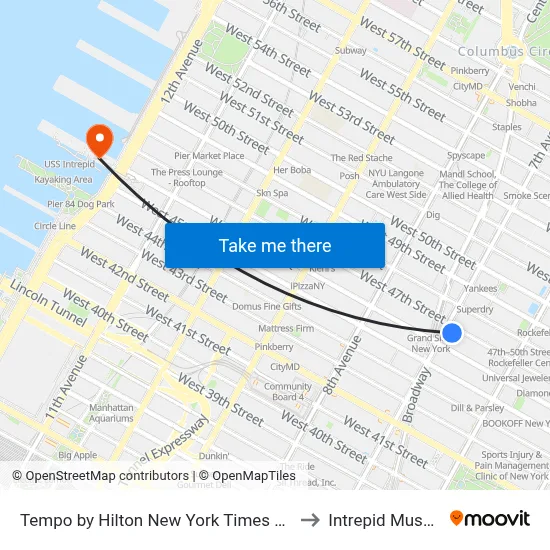 Tempo by Hilton New York Times Square to Intrepid Museum map
