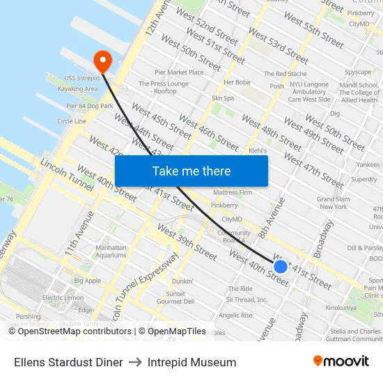 Ellens Stardust Diner to Intrepid Museum map