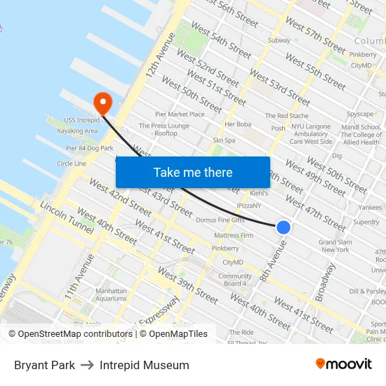 Bryant Park to Intrepid Museum map