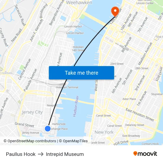 Paullus Hook to Intrepid Museum map