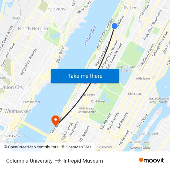 Columbia University to Intrepid Museum map
