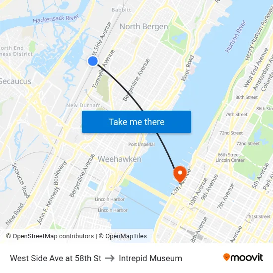 West Side Ave at 58th St to Intrepid Museum map