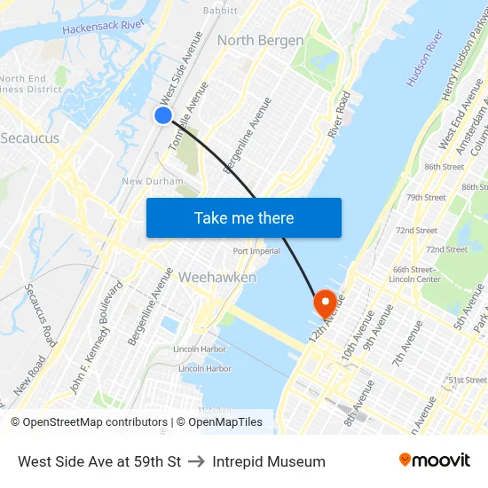 West Side Ave at 59th St to Intrepid Museum map