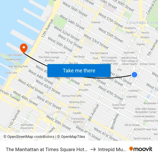 The Manhattan at Times Square Hotel, New York to Intrepid Museum map