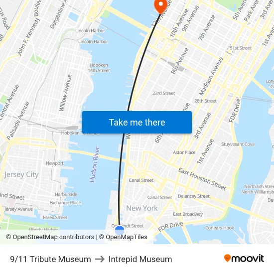 9/11 Tribute Museum to Intrepid Museum map