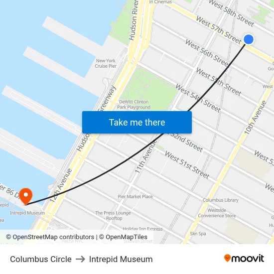 Columbus Circle to Intrepid Museum map