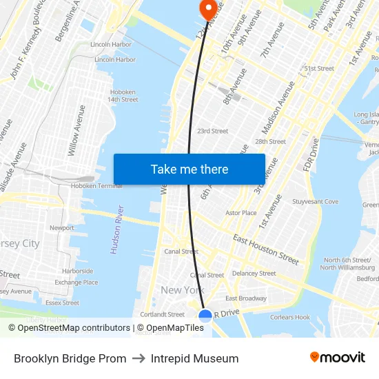 Brooklyn Bridge Prom to Intrepid Museum map