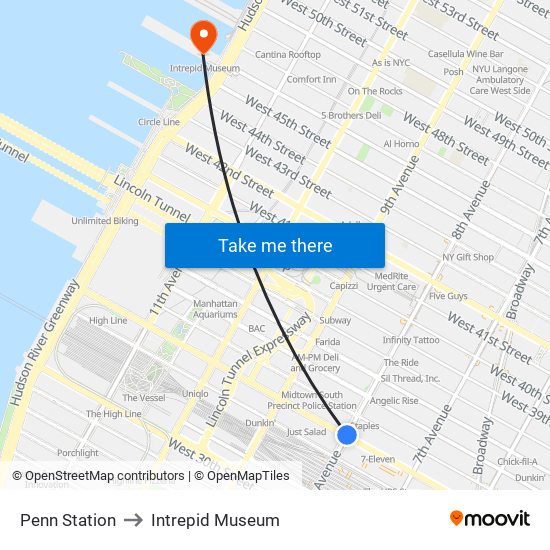 Penn Station to Intrepid Museum map