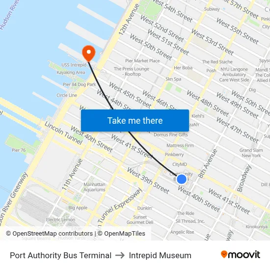 Port Authority Bus Terminal to Intrepid Museum map