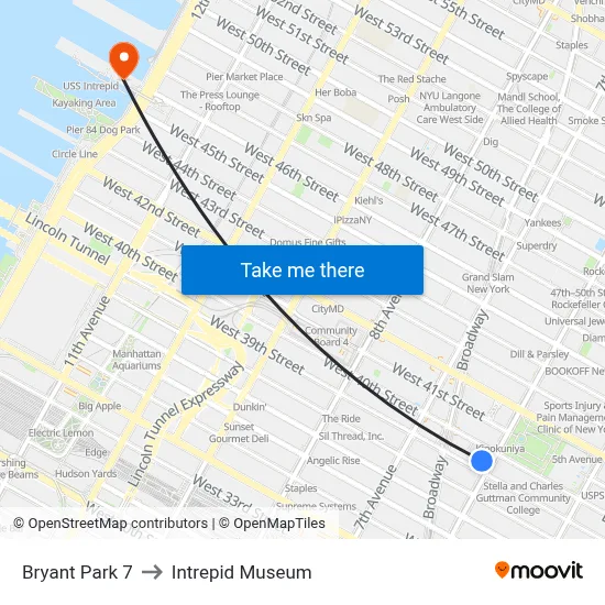 Bryant Park 7 to Intrepid Museum map