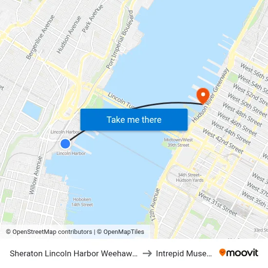 Sheraton Lincoln Harbor Weehawken to Intrepid Museum map