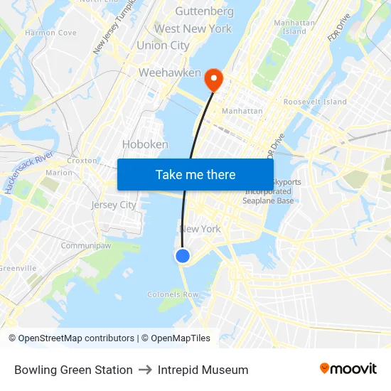 Bowling Green Station to Intrepid Museum map