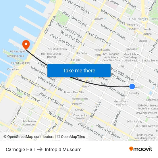 Carnegie Hall to Intrepid Museum map