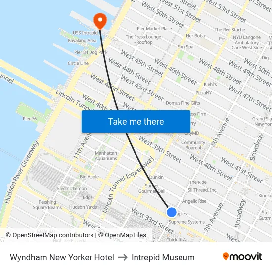 Wyndham New Yorker Hotel to Intrepid Museum map