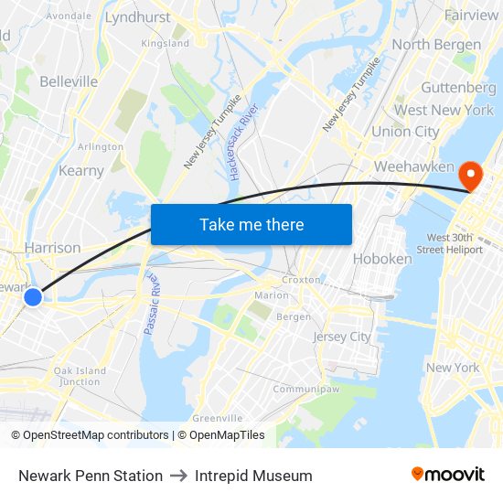 Newark Penn Station to Intrepid Museum map