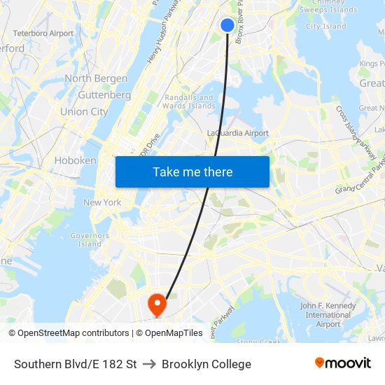 Southern Blvd/E 182 St to Brooklyn College map