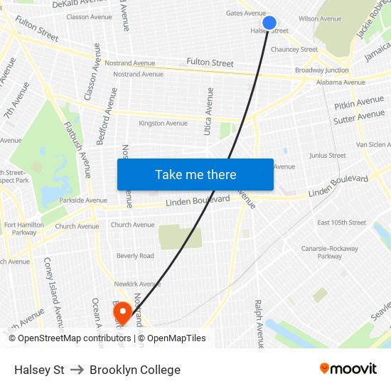 Halsey St to Brooklyn College map