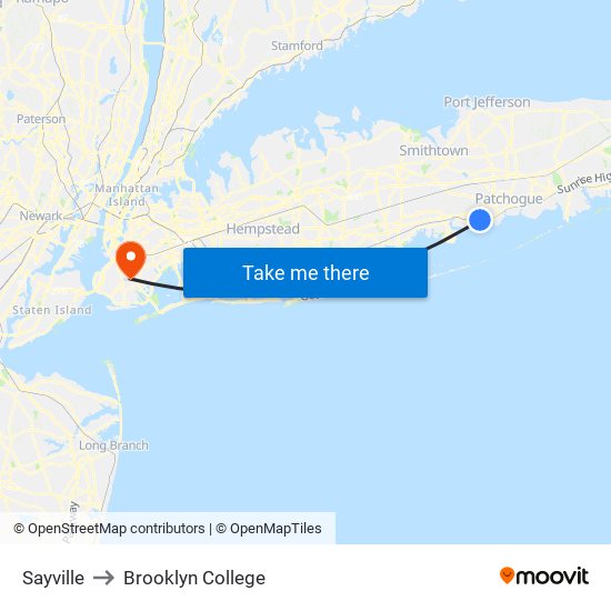 Sayville to Brooklyn College map