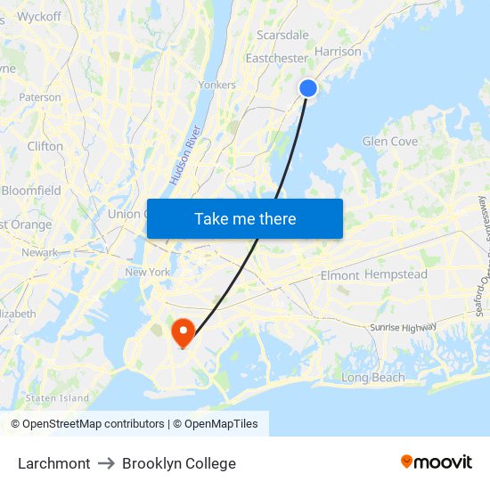 Larchmont to Brooklyn College map