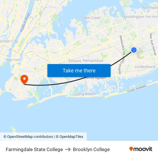 Farmingdale State College to Brooklyn College map