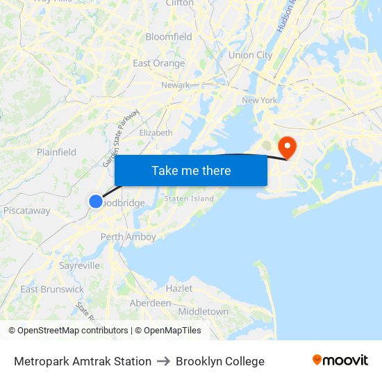 Metropark Amtrak Station to Brooklyn College map